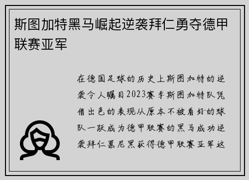 斯图加特黑马崛起逆袭拜仁勇夺德甲联赛亚军