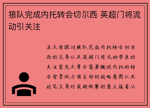 狼队完成内托转会切尔西 英超门将流动引关注